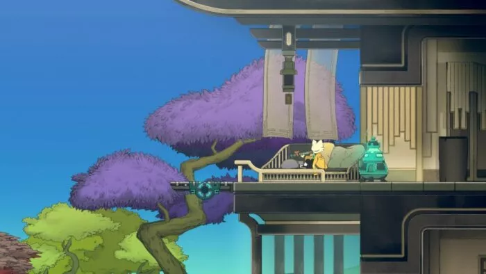 Yi, relaxing while taking a healing toke on his weed pipe in Nine Sols.