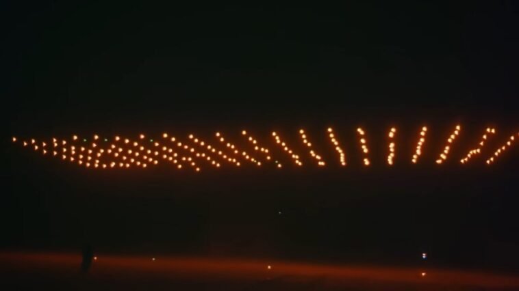Hundreds of drones in the sky in a grid pattern