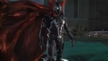 Spawn floating in the air with his cape fanned out.