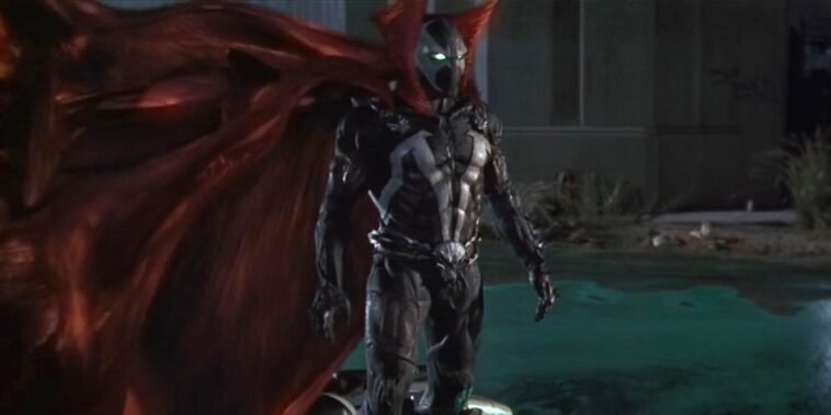 Spawn floating in the air with his cape fanned out.