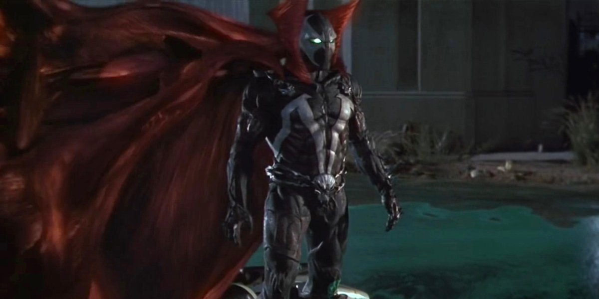 Spawn floating in the air with his cape fanned out.