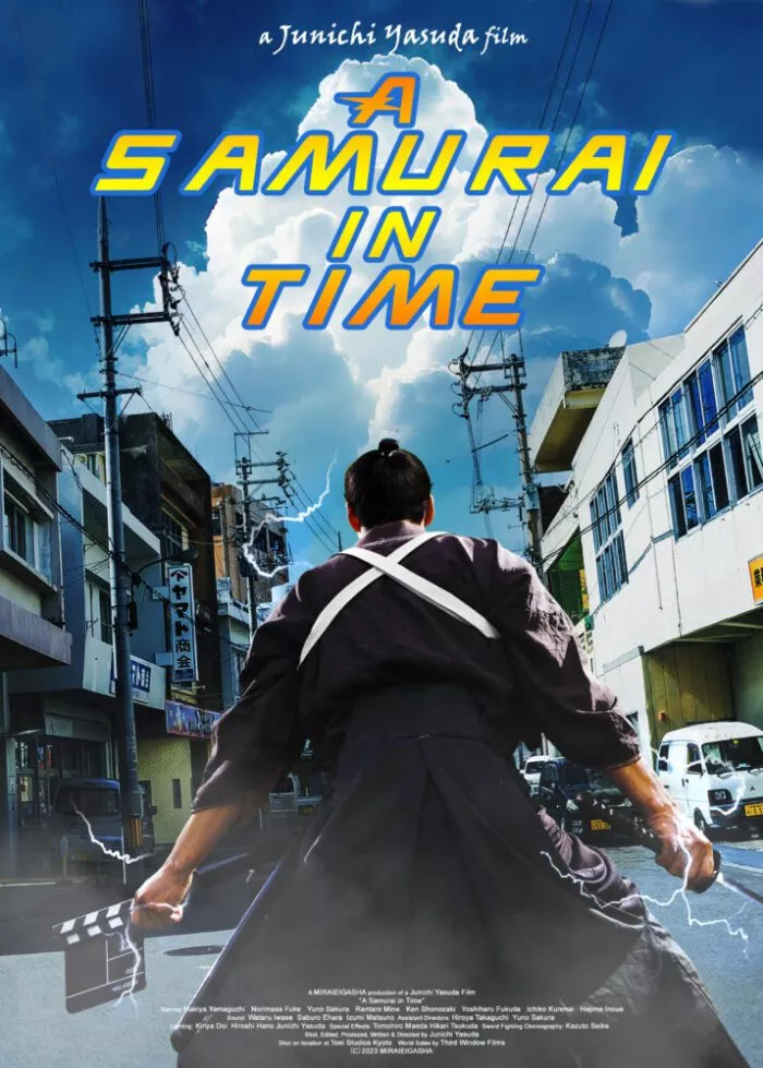 The poster for A Samurai in Time shows the back of a saamurai holding a director's clacker board and buzzing with electricity in a modern cityscape.