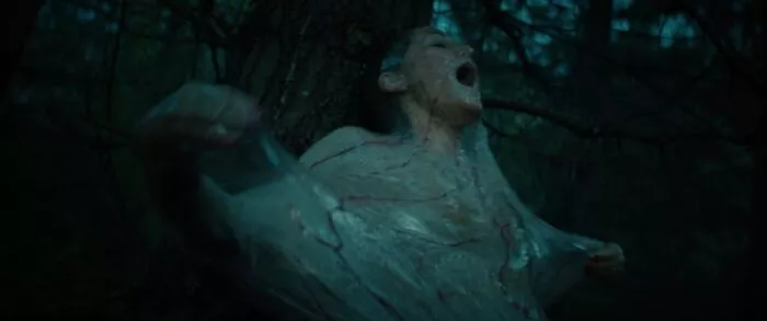 A woman trapped in a large amniotic sac