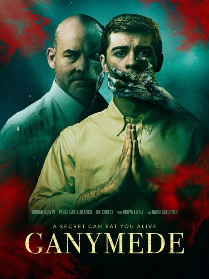 The Poster for Ganymede shows a sinister looking man behind a young boy with his hands in a prayer formation while his mouth is covered by a flesh-stripped skeletal arm