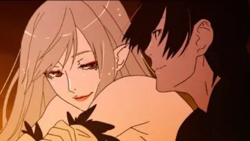 An animated scene, a man sits next to a beautiful woman in KIZUMONOGATARI