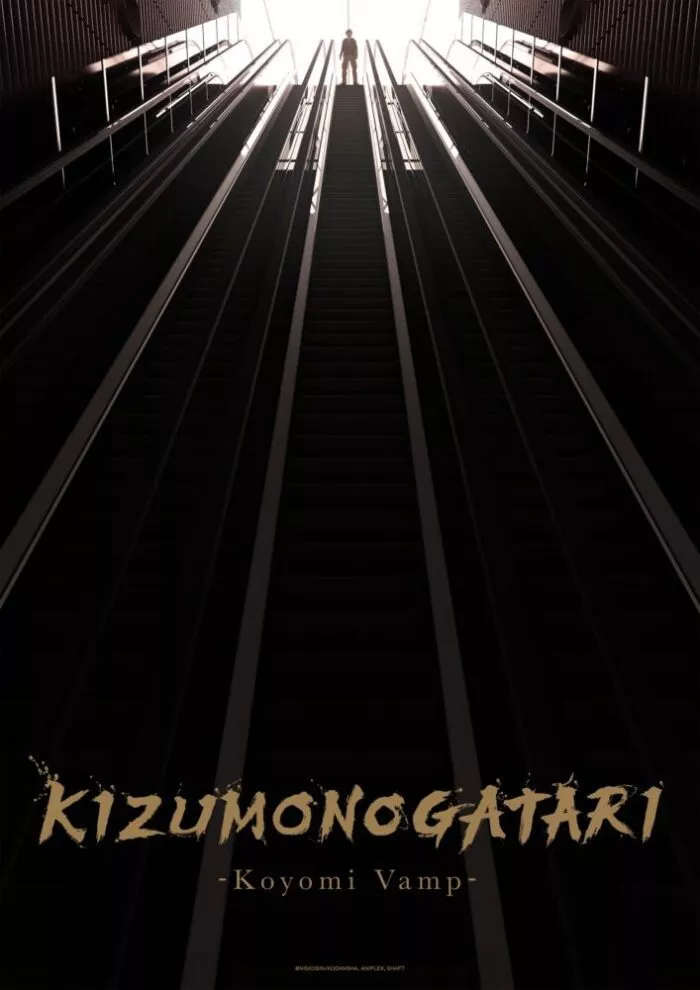 the poster for KIZUMONOGATARI shows a man at the well-lit top of an escalator descending into darkness