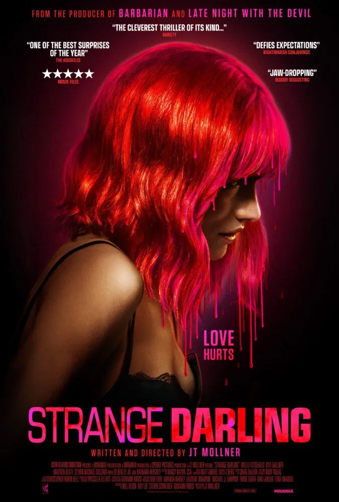 The poster for STRANGE DARLING shows a woman with cherry red hair in her bra from the side.