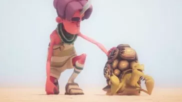 A boy puts his hand on the shell of a talking tortise