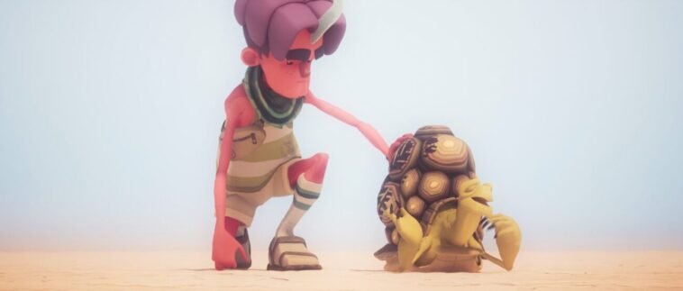 A boy puts his hand on the shell of a talking tortise