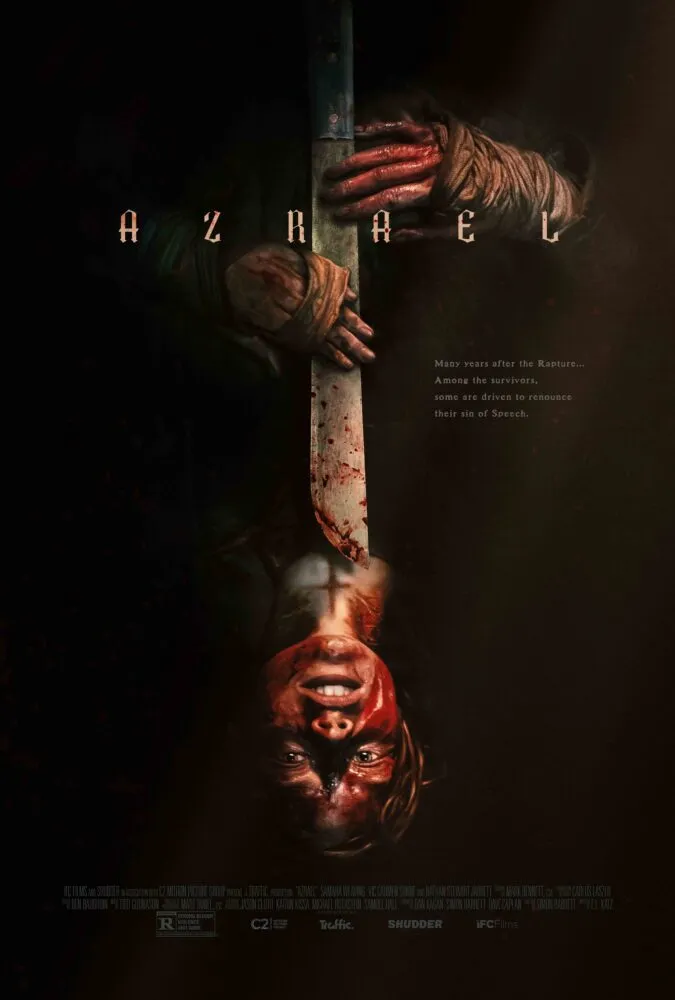 The poster for Azrael shows an upside down woman aiming a knife at the scar where here voice box was removed.