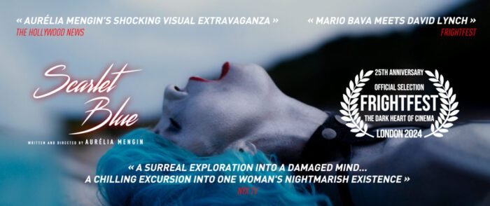 A grey woman with blue hair and red lips throws her head back in ecstasy in Scarlet Blue