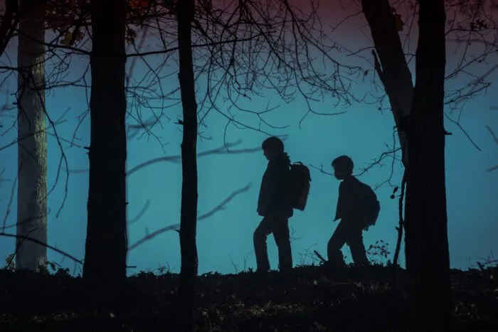 Silhouettes of two kids walking in the woods