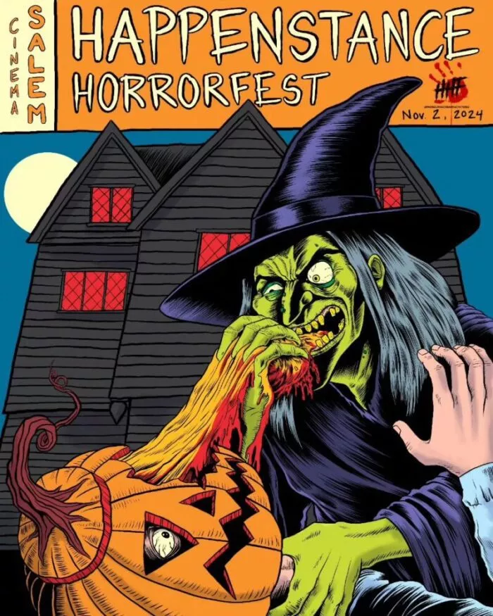 An EC comics styled flyer for Happenstance Horror Fest features a witch pulling the innards from a Jack-o-lantern which contains a person's head.