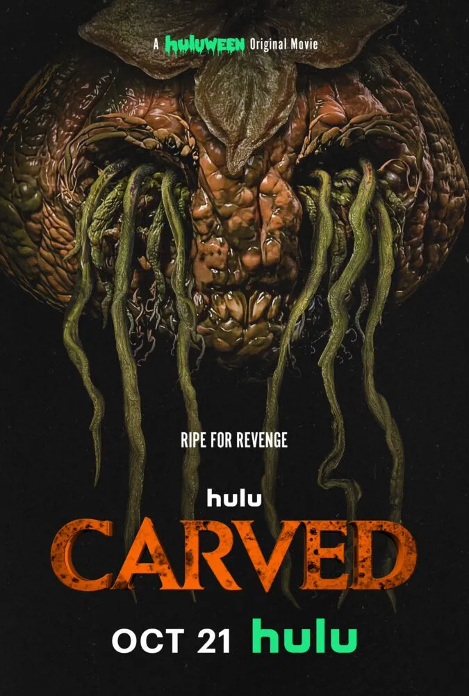 The poster for CARVED shows a jack o'lantern with roots coming out of it's eyes.
