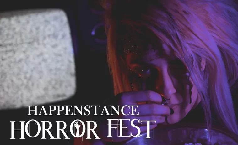A bloodied woman eats popcorn beside a static filled television in a Happenstance Horror Fest promotional image