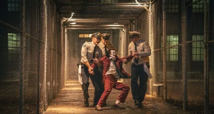 The Joker being carried by corrections officers