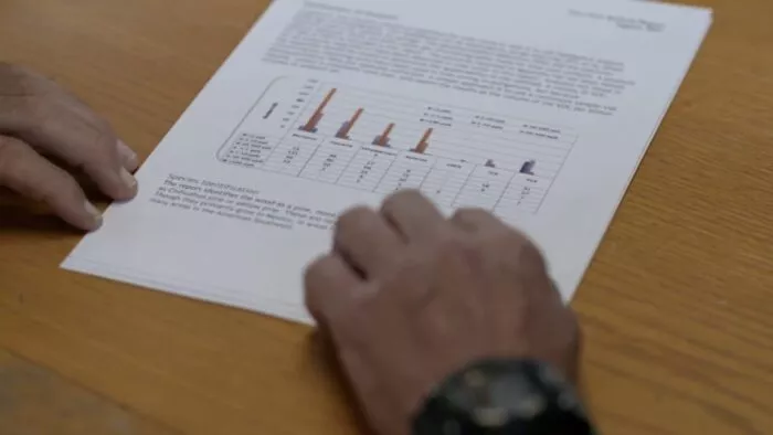 Eric inspects the core sample findings