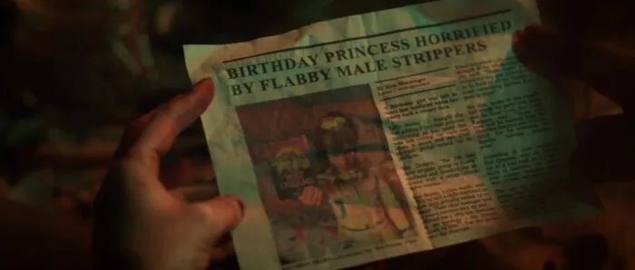 A newspaper article about a birthday disrupted by the "flabby male strippers" of Members Club.