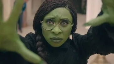 Elphaba Thropp (Cynthia Erivo) holds up her hands while doing sorcery in the 2024 film, "Wicked."