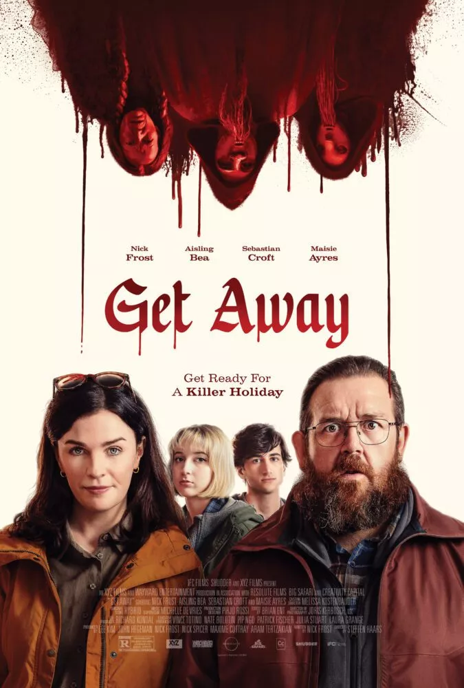 The poster for GET AWAY shows the four members of the Smith family with the father looking wholly surprised, above them is blood dripping in the shape of the townspeople.