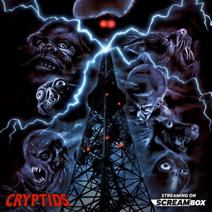 The poster image for Cryptids shows a Radio tower being struck by lightning with images of monsers in the night sky