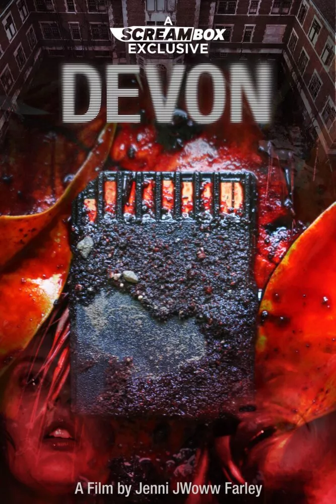 The poster for Devon shows a memory card in a puddle of blood with the characters from the movie's faces silouetted in the puddle.