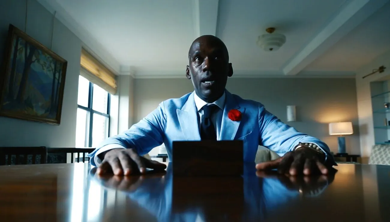 A suited man sitting at a desk