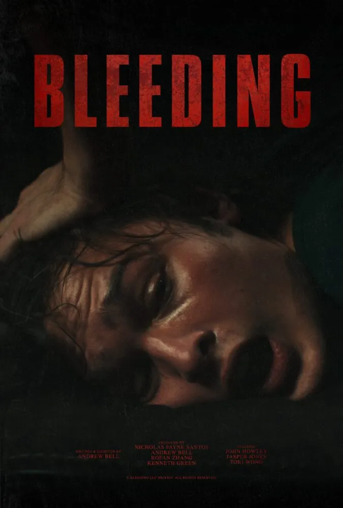 The poster for BLEEDING shows A young man's head being pushed into a pool of blood on the floor.