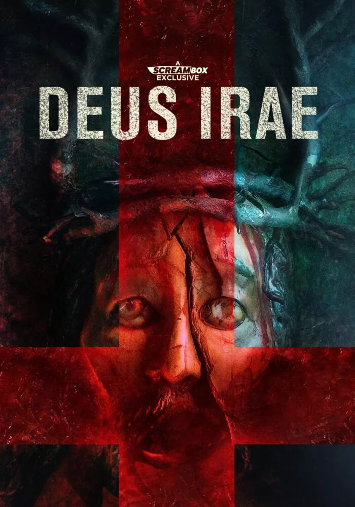 The poster for Deus Irae shows the cracked face of a Christ-like figure in a crown of thorns and a red inverted cross over it.