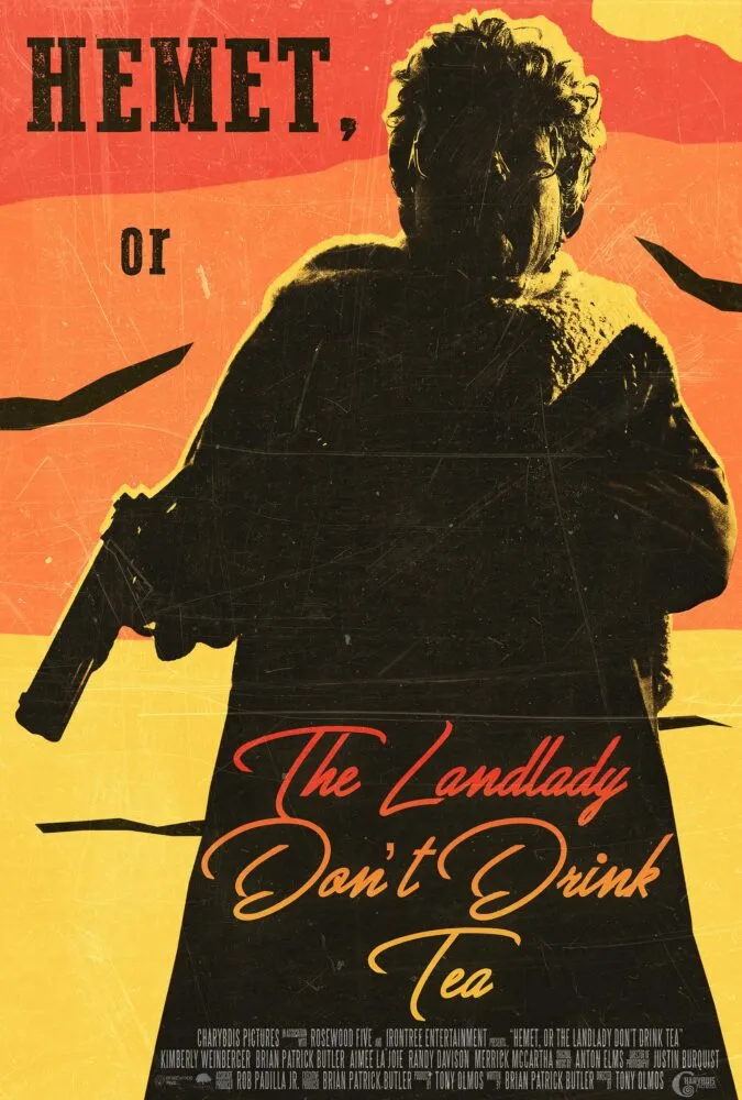 The poster for Hemet, or the Landlady Don't Drink Tea shows the silhouette of an old woman holding a gun against a painted desert sky.
