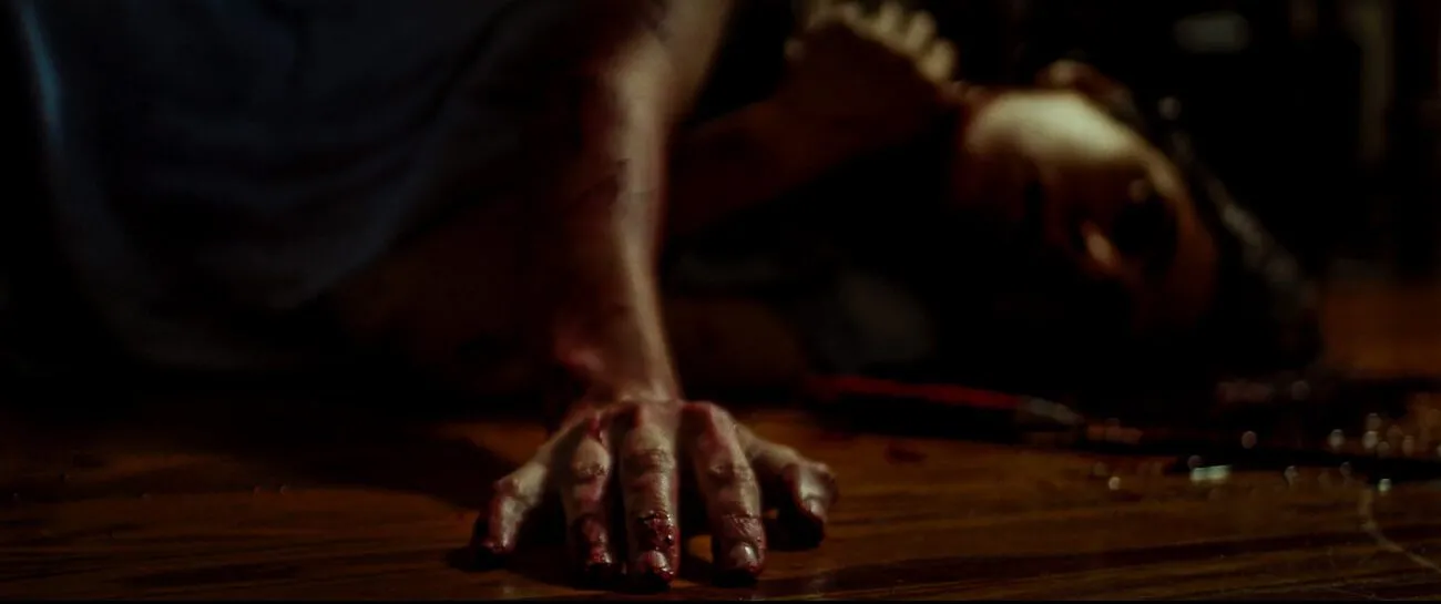 a body laying in a pool of blood with it's arm outstretched.