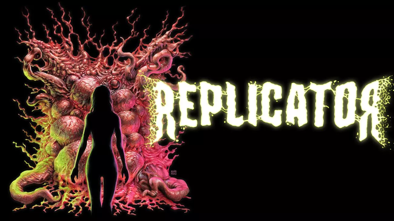 The Replicator poster shows the silhouette of a woman standing in front of a Lovecraftian creature of tentacles and balloon like pustules.