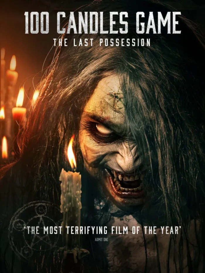 The poster for 100 CANDLES GAME: THE LAST POSSESSION shows a demonic figure smiling through long hair covering her face while holding a candle. Beside the demon more candles are lit.