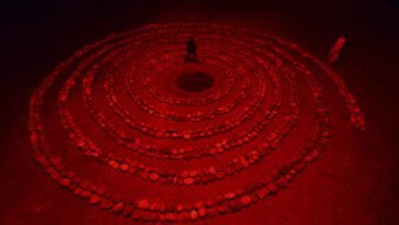A stone spiral leads to a person in the center standing over a large hole in the ground in BOKSHI