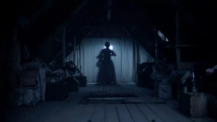 the shadow of a woman on the wall in The Damned