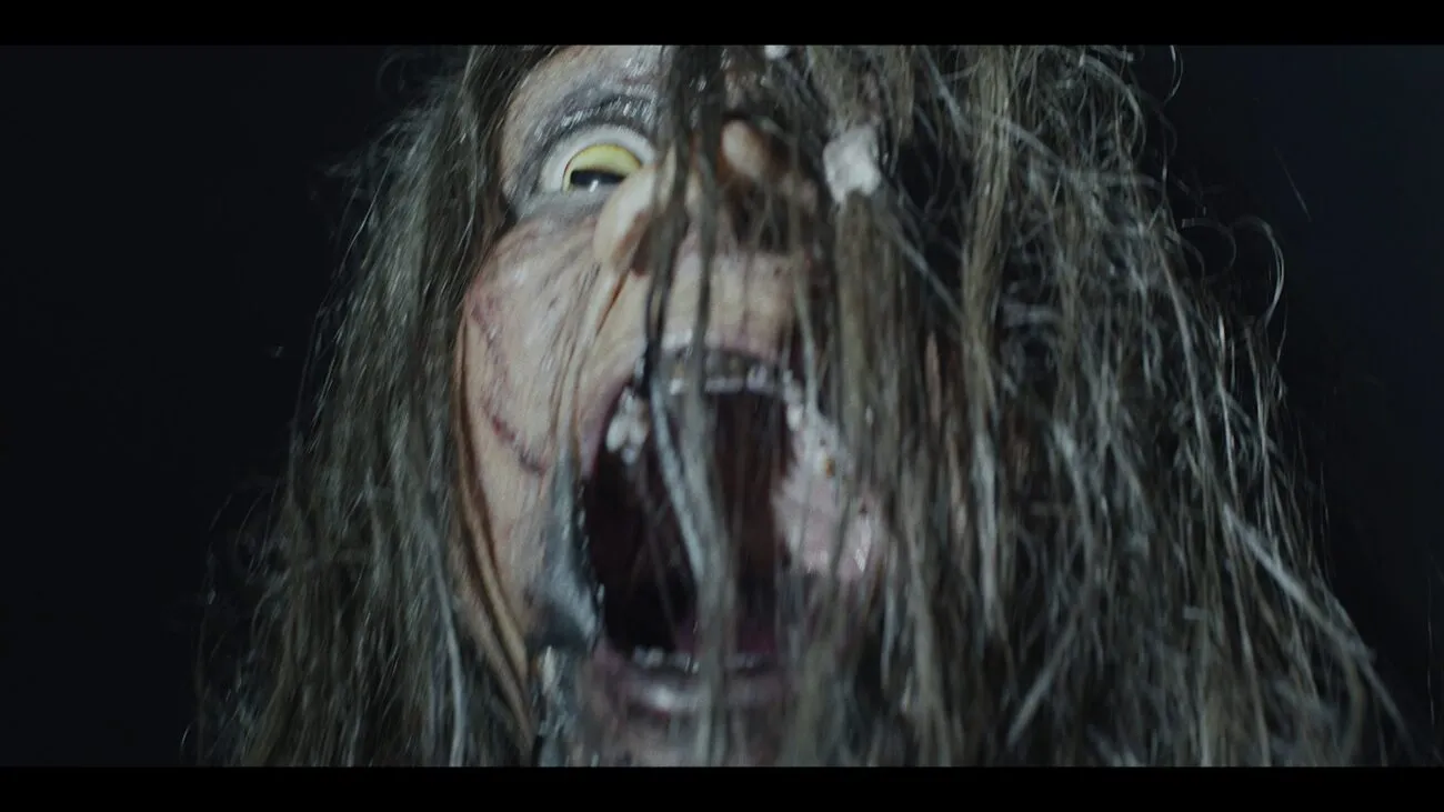 A woman with a cat eye screams through the hair covering her face in 100 CANDLES GAME: THE LAST POSSESSION
