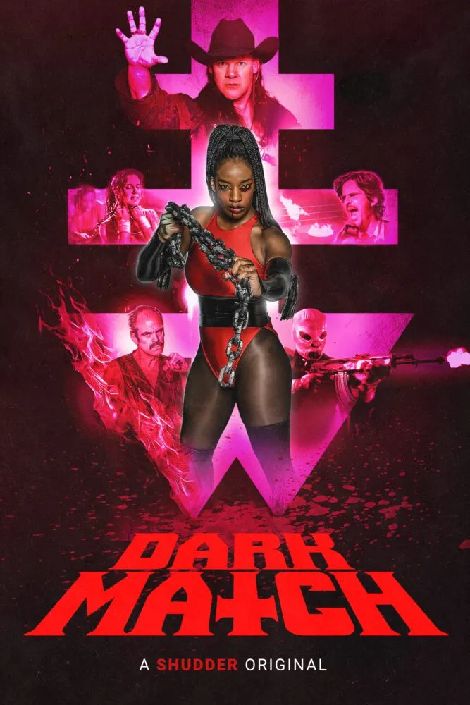 The poster for Dark Match shows a woman in spandex holding a title belt inside an intricate pink symbol