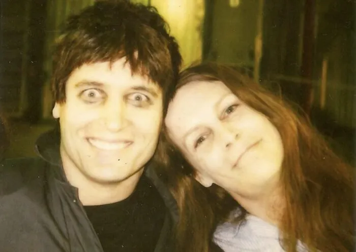 Brad Loree and Jamie Lee Curtis behind the scenes of Halloween: Resurrection.