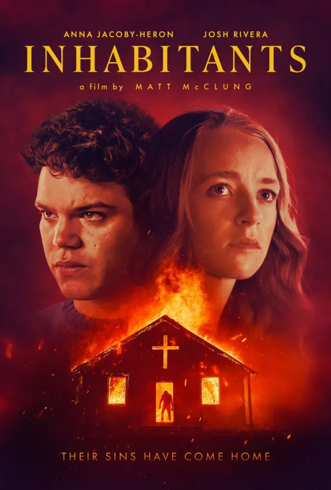 The poster for Inhabitants shows the faces of a man and woman above a burning building with a cross on it.