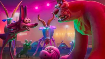 A pygmy hippo lays at the feet of an animated wolf and mountain lion while a green-eyed horned creature looks on.