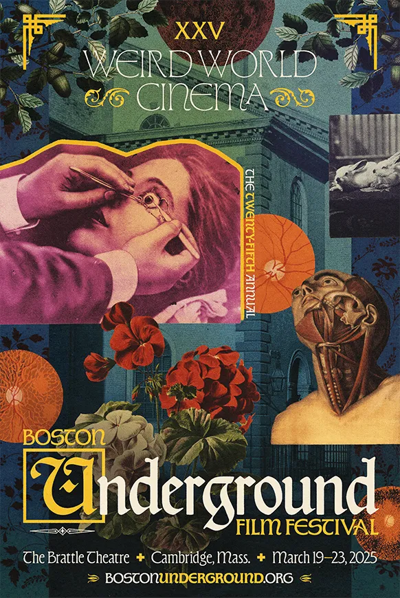 The poster for The 25th Annual Boston Underground Film Festival (BUFF 25) shows vibrant scenery in a renaissance styled poster.