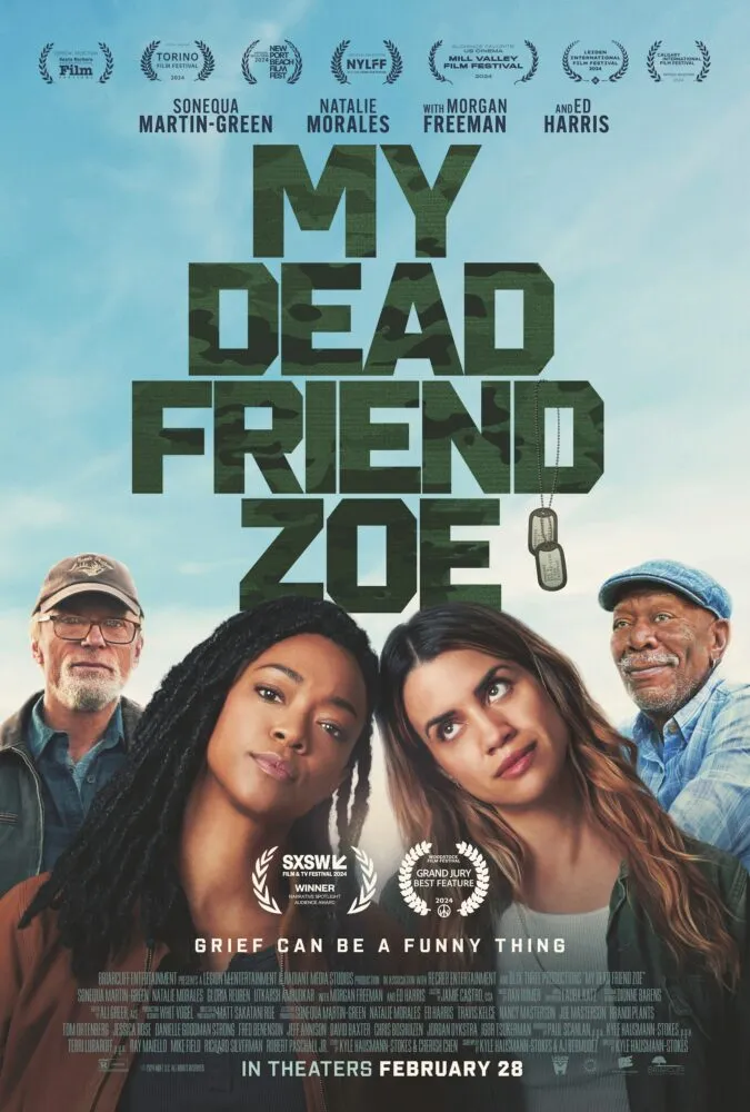 the poster for MY DEAD FRIEND ZOE shows two women touching heads in the center while two older men appear on the sides.