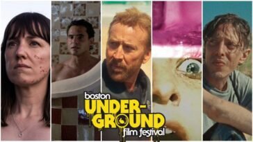 Images from multiple films in a collage for The Boston Underground Film Festival