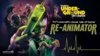 Zombies surround a man holding a needle with a green substance in it over a headless corpse holding a womans body