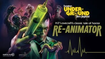 Zombies surround a man holding a needle with a green substance in it over a headless corpse holding a womans body