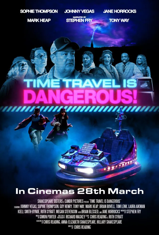 The poster for Time Travel is Dangerous shows the ensemble cast in a blue hue over a foggy bumper car two women are running toward.