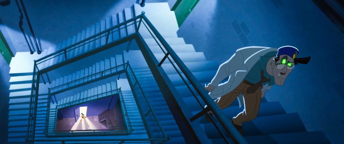 A mind-controlled scientist (Fred Tatasciore) drags himself up several flights of stairs as Daffy Duck (Eric Bauza) watches from below, in the film, “The Day the Earth Blew Up” (2024).