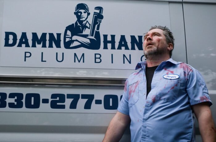 A plumber with blood on his shirt breathes a sigh of relief against the side of his van in DAMN HANDY (Playing as part of THE DUNWICH HORRORS block at BUFF 25).