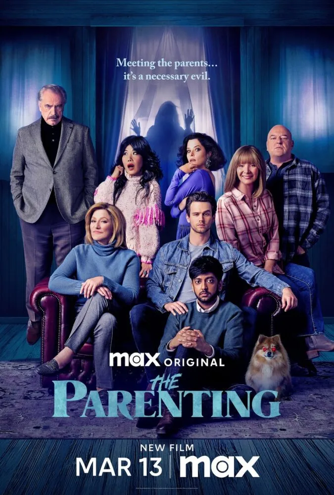 The poster for The Parenting shows the ensemble cast posing for a portrait on and around a small loveseat.