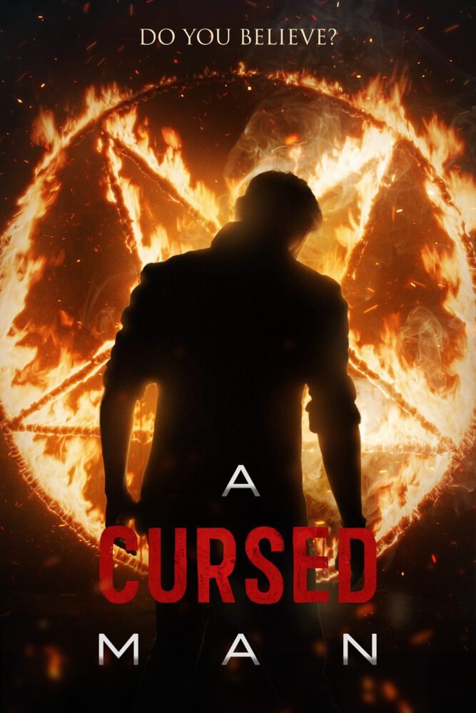 The cover art for A Cursed Man shows a silhouette of a man in front of a fiery pentagram.